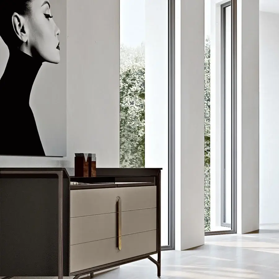 Distinguished Turri Vine dresser with light grayish-beige leather and bronzed glass, crafted in a matte finish