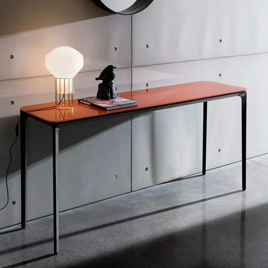 Distinguished Sovet Italia Slim console with aluminum structure and orange lacquered glass tabletop in black lacquer finish