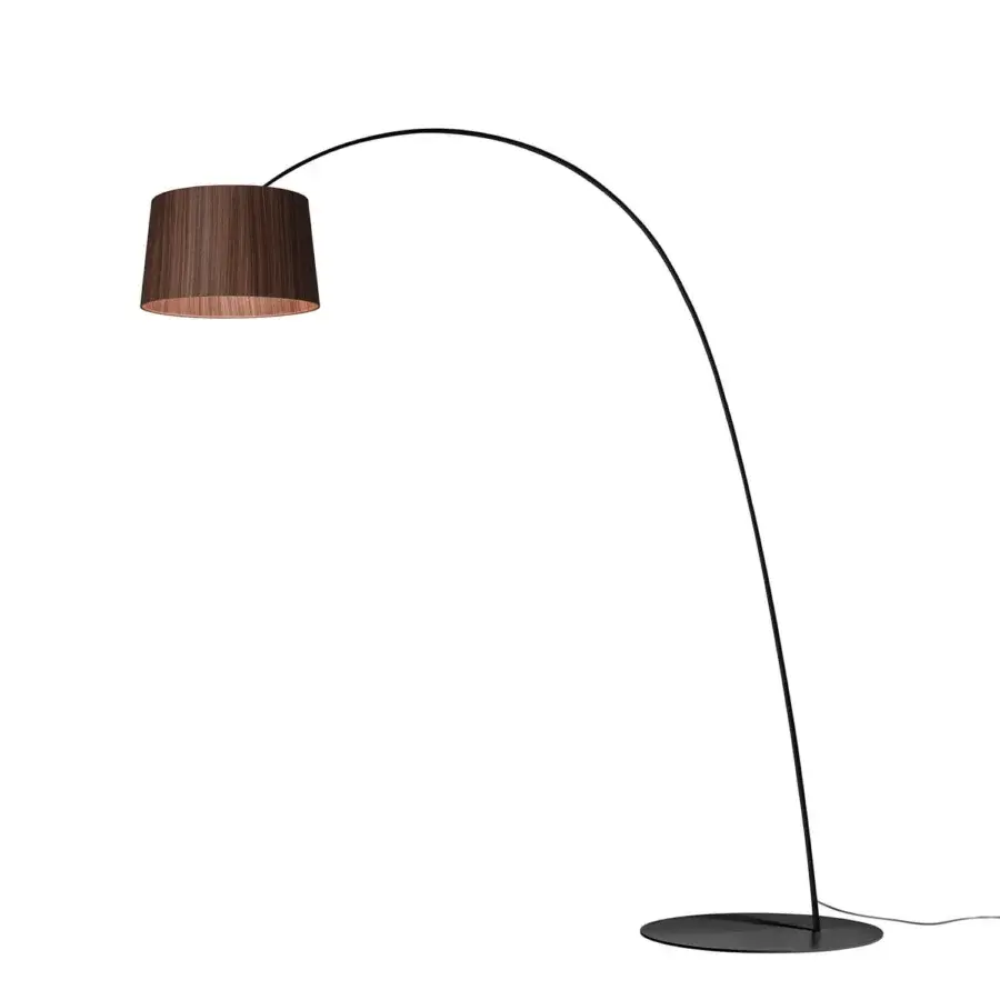 Elegant Foscarini Twiggy Wood floor lamp with a curved shade built from limed maple oak and a matte black fiberglass frame