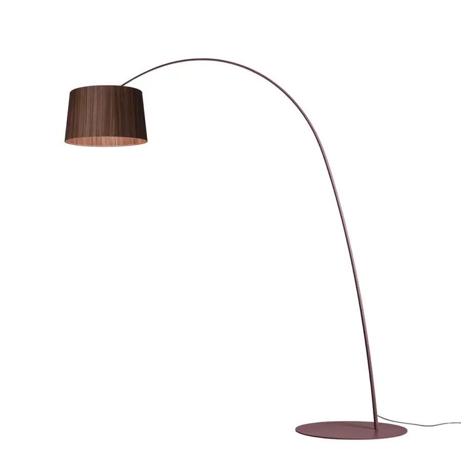 Captivating Foscarini Twiggy Wood floor lamp with a burgundy rosewood stem and limed maple oak cylindrical shade built with a bamboo ring