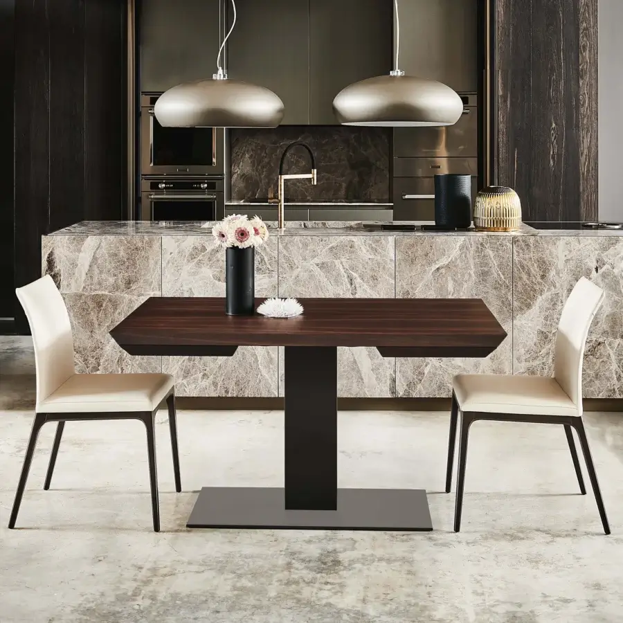 Elegant Cattelan Italia Elvis Wood Drive table with an angular wooden top and dark brown finish built with a steel base