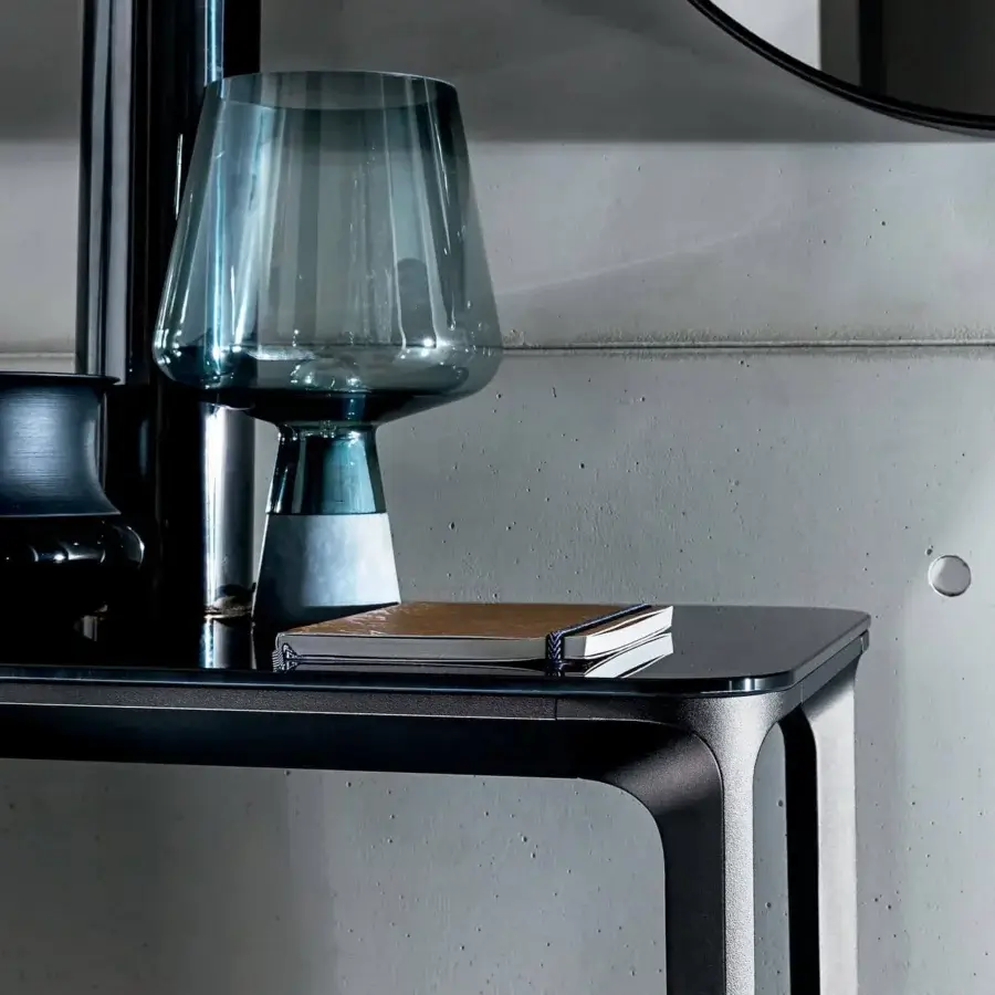 Elegant Sovet Italia Slim console with glossy dark gray lacquered glass and die-cast aluminum legs