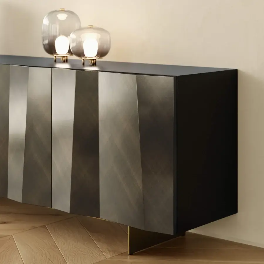 Distinguished Bontempi Kunta sideboard with lacquered wood, folded paper design and minimalist metal legs in a muted brown finish