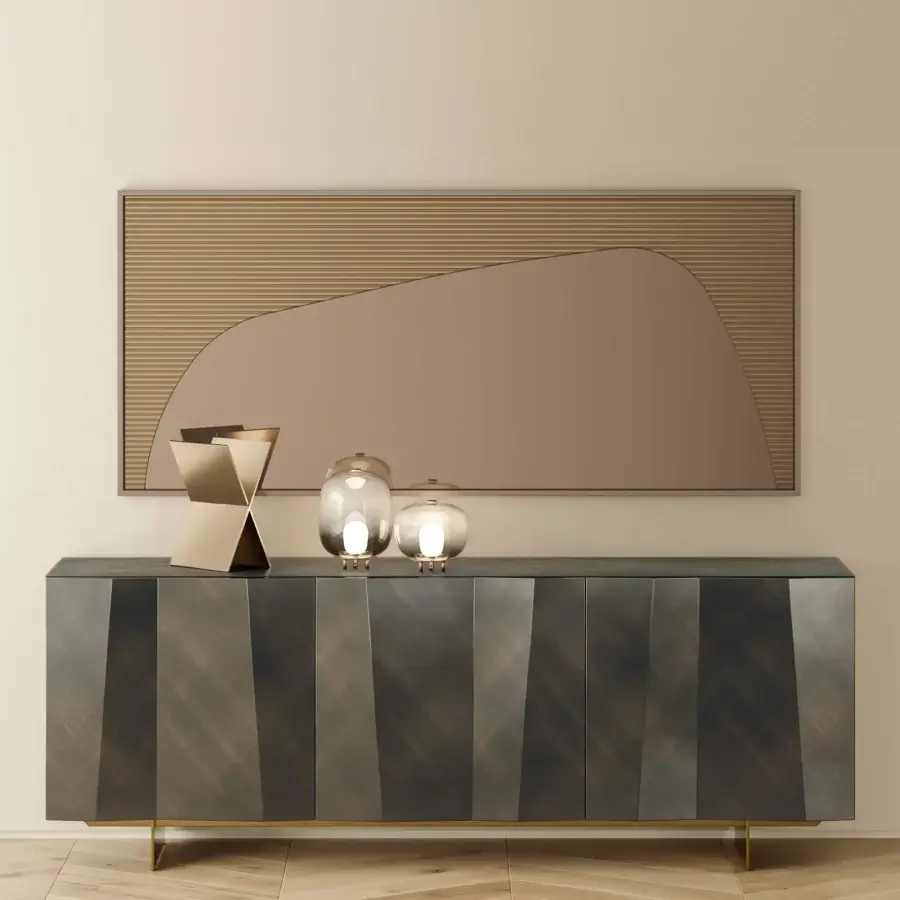 Captivating Bontempi Kunta sideboard crafted in lacquered wood with faceted doors and a glossy golden metal base