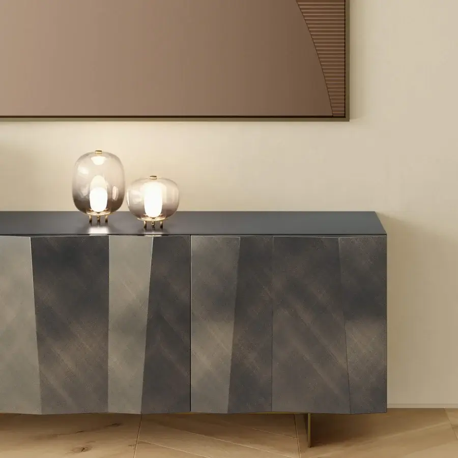 Superior Bontempi Kunta sideboard in dark brown wood with lighter greyish-brown panels and matte finish