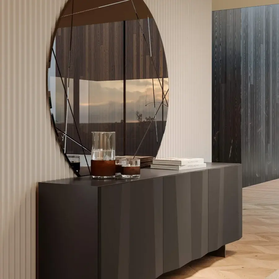 Elegant Bontempi Kunta sideboard with origami-inspired lacquered wood doors and smooth matte finish