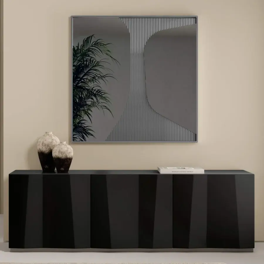 Distinguished Bontempi Kunta sideboard with glossy black lacquered wood and dynamic origami-inspired hinged doors crafted in Italy