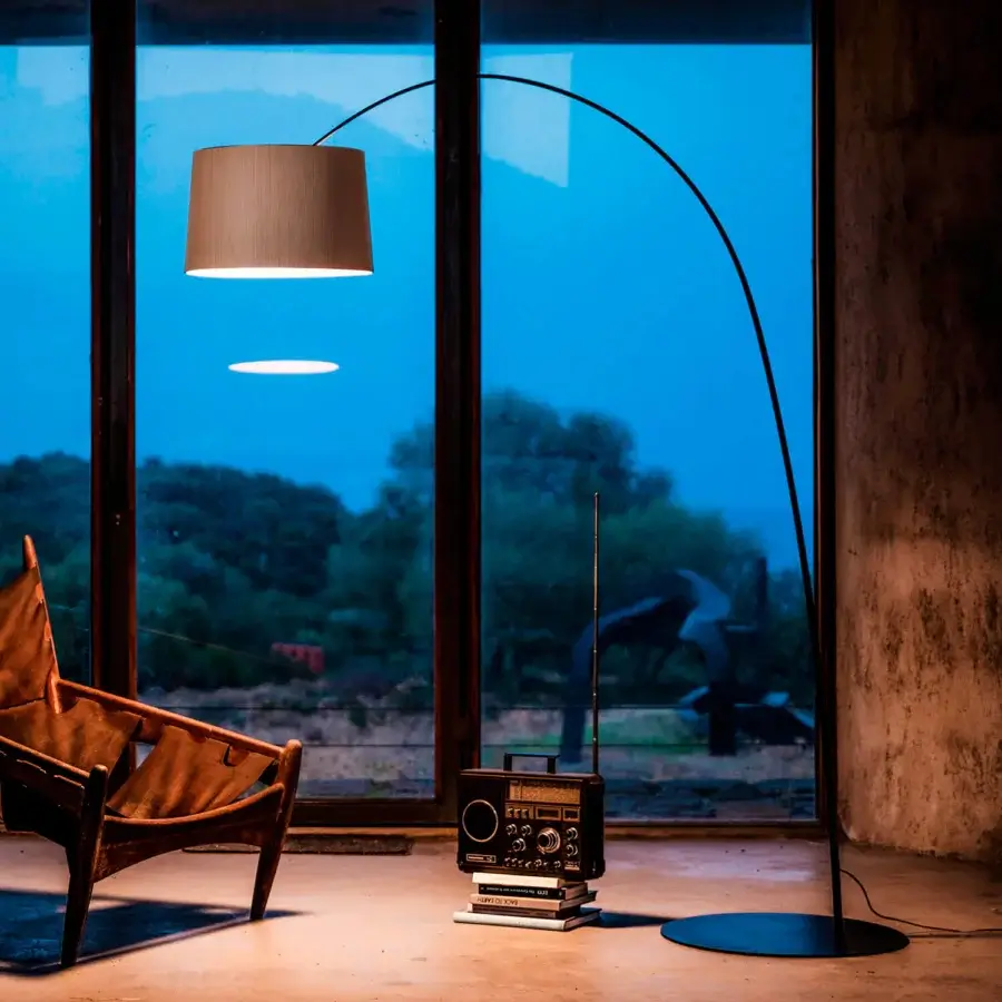 Exceptional Foscarini Twiggy Wood floor lamp with arched support and limed maple oak shade crafted with liquid-coated epoxy powder