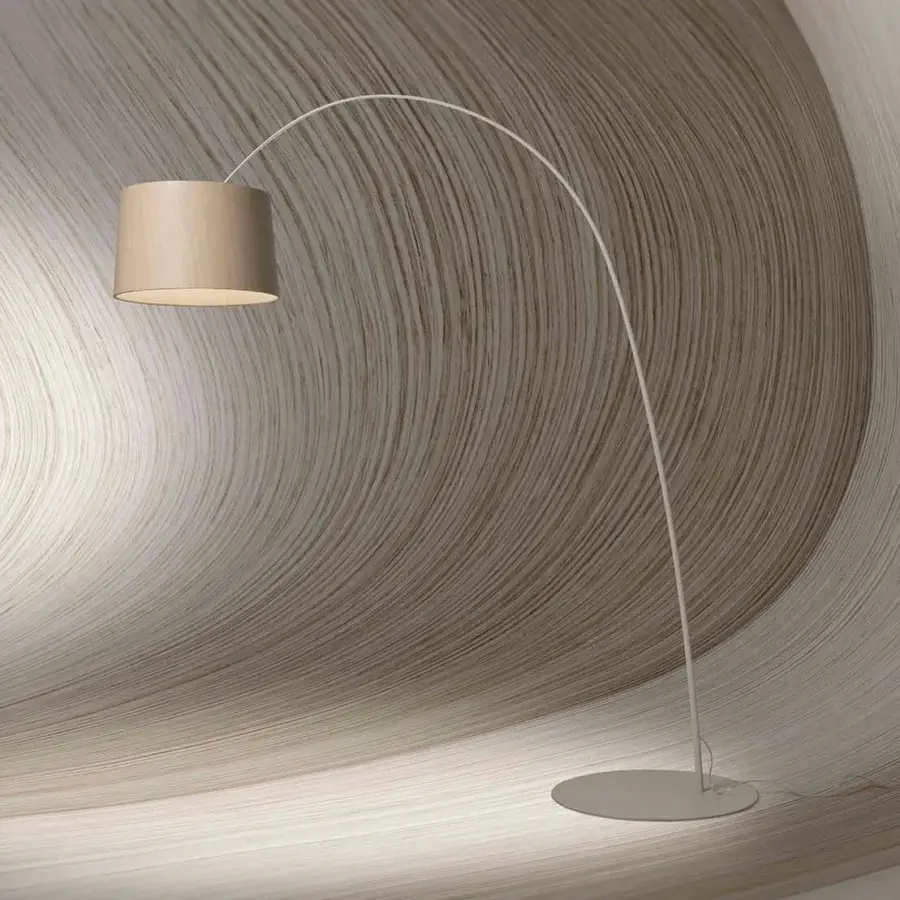 Distinguished Foscarini Twiggy Wood floor lamp with fiberglass stem, limed maple oak shade and epoxy powder coated metal base