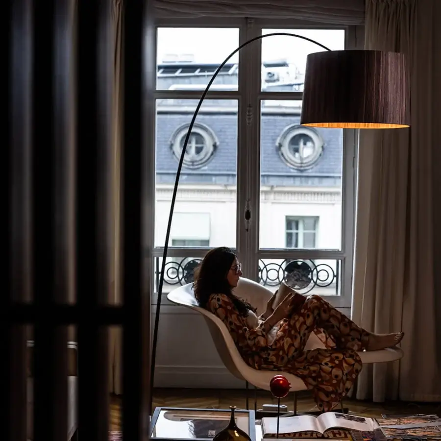 Elegant Foscarini Twiggy Wood floor lamp with overlapping limed maple oak shade and liquid-coated fiberglass structure