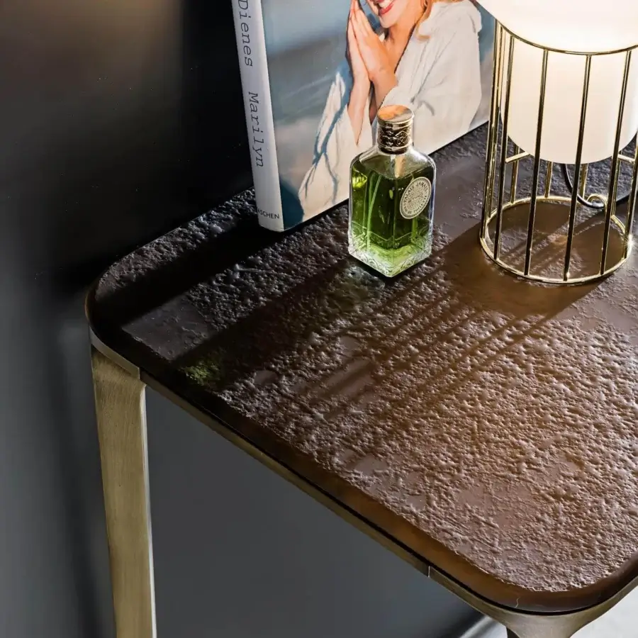 Distinguished Sovet Italia Slim console with Materia glass top and brushed metal anodized aluminum structure