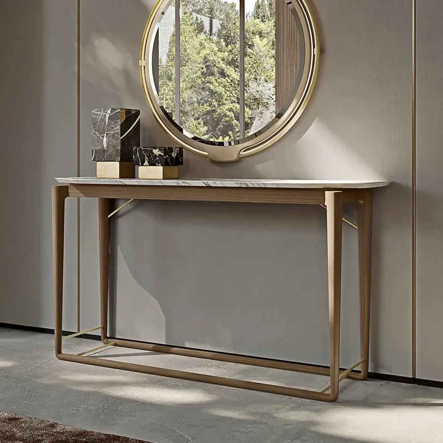 Superior Turri Vine console with branch-like natural wood structure and light gray marble-like top with beveled edges in a light beige finish