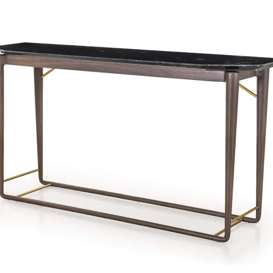 Exceptional Turri Vine console with dark wood frame, sleek black top and brushed gold details crafted in Italian design