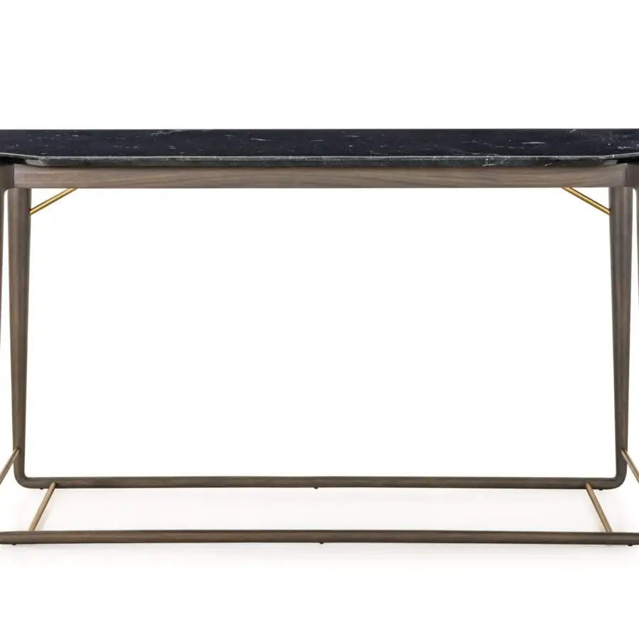 Exclusive Turri Vine console with branch-like natural wood and black marble top with beveled edges in brushed gold finish