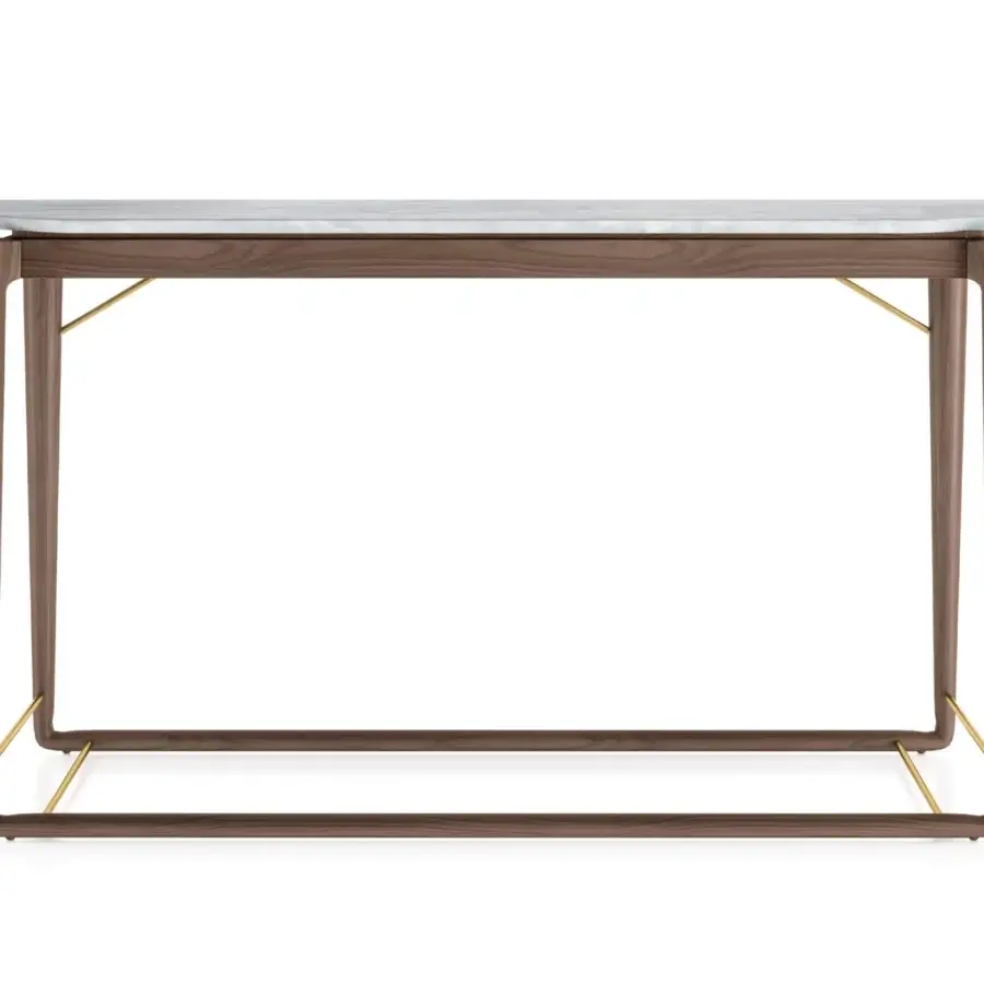 Superior Turri Vine console with light gray marble-like top and dark brown wood frame crafted with brushed gold details