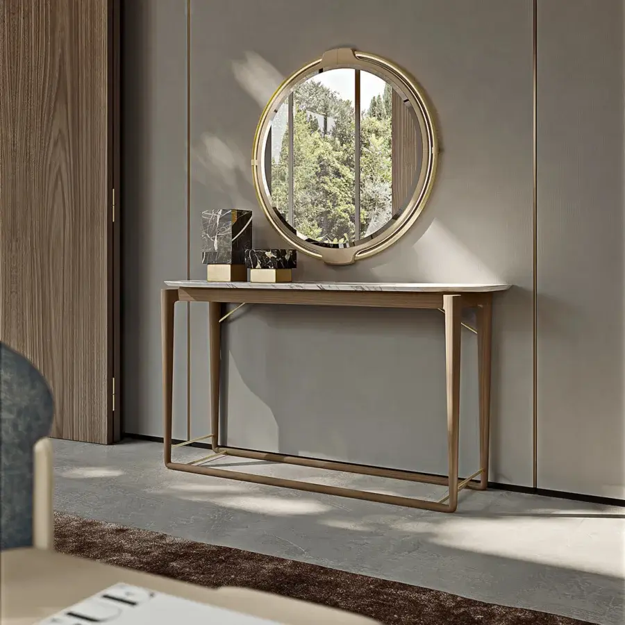 Elegant Turri Vine console with branch-like natural wood and light cream stone-like composite top with beveled edges
