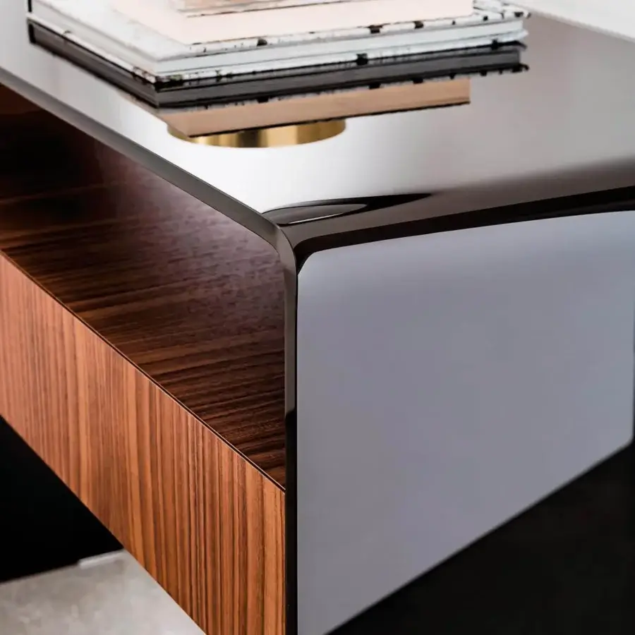 Elegant Sovet Italia Bridge drawer console built in bent glass with reflective black finish and medium brown wood accents