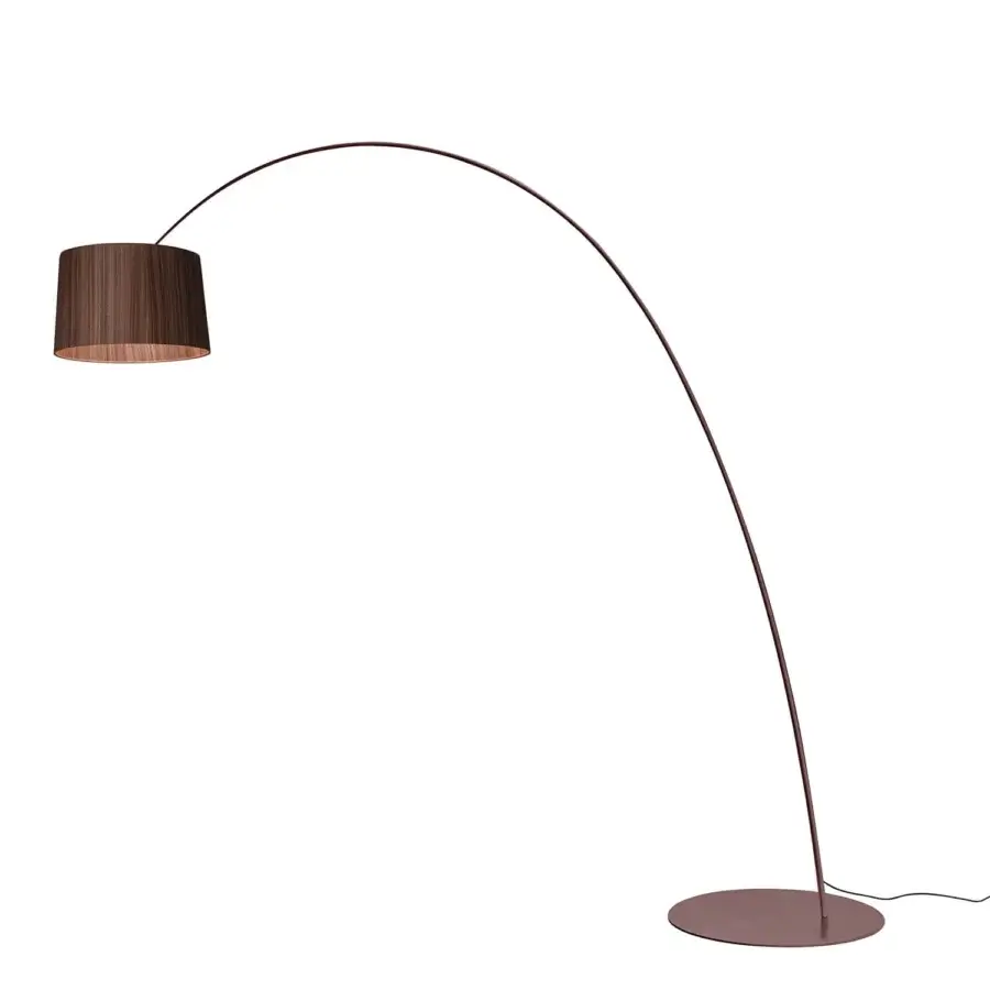 Superior Foscarini Twiggy Elle floor lamp in burgundy epoxy powder coated metal with limed maple oak and bamboo shade