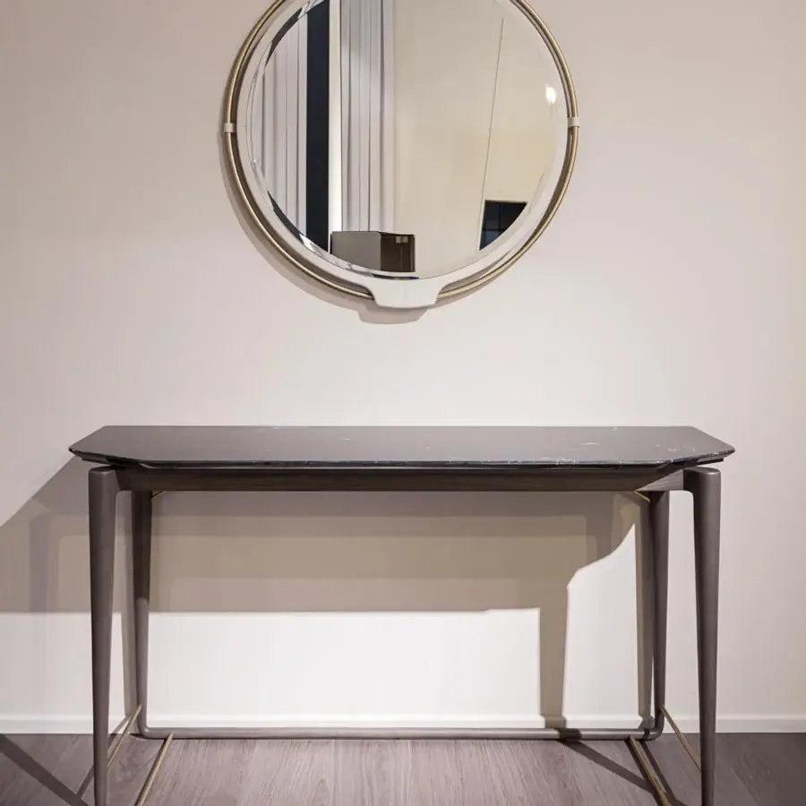 Distinguished Turri Vine console crafted in natural wood with beveled edges and brushed gold details, exhibiting a dark gray-brown matte finish