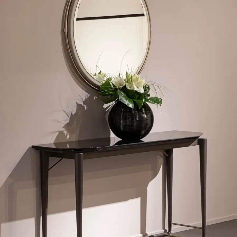 Superior Turri Vine console crafted in natural wood with a dark wooden top and brushed gold accents