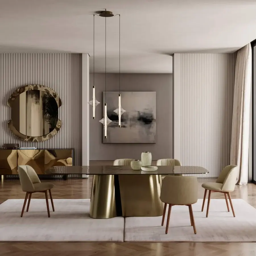 Exceptional Bontempi Kimono Barrel table with transparent glass top and glossy golden geometric pedestal base