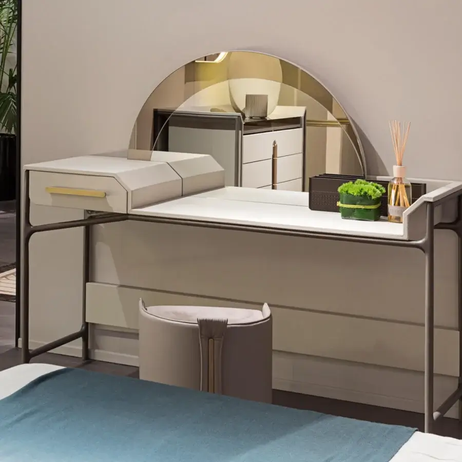 Exclusive Turri Vine vanity with white tabletop and dark metal frame, crafted in wood with leather drawer and brushed gold details