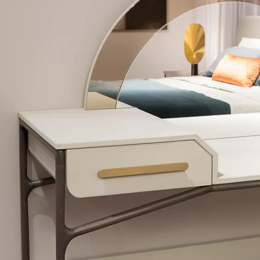 Superior Turri Vine vanity with wooden structure covered in off-white material and brushed gold metal accents