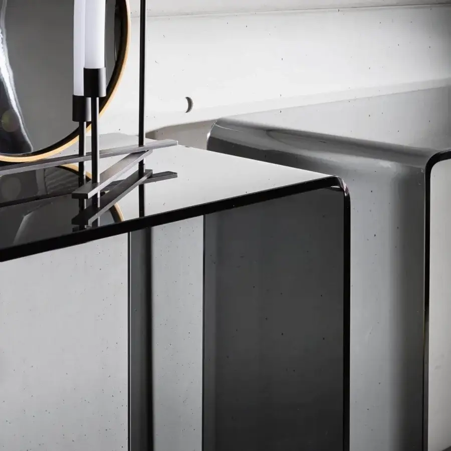 Captivating Sovet Italia Bridge console built in bent glass with a glossy neutral gray and darker tone finish