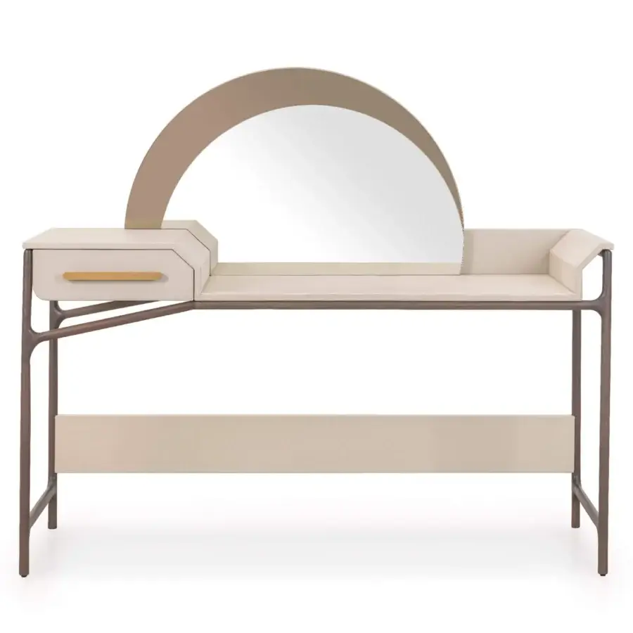 Distinguished Turri Vine vanity in light beige wood with matte finish, leather details and brushed gold metal accents