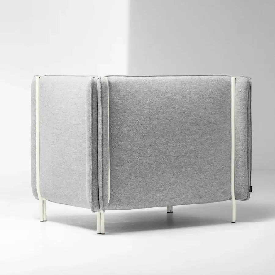 Distinguished LaCividina Pinch lounge chair with light gray woven textile upholstery and slender tubular metal frames
