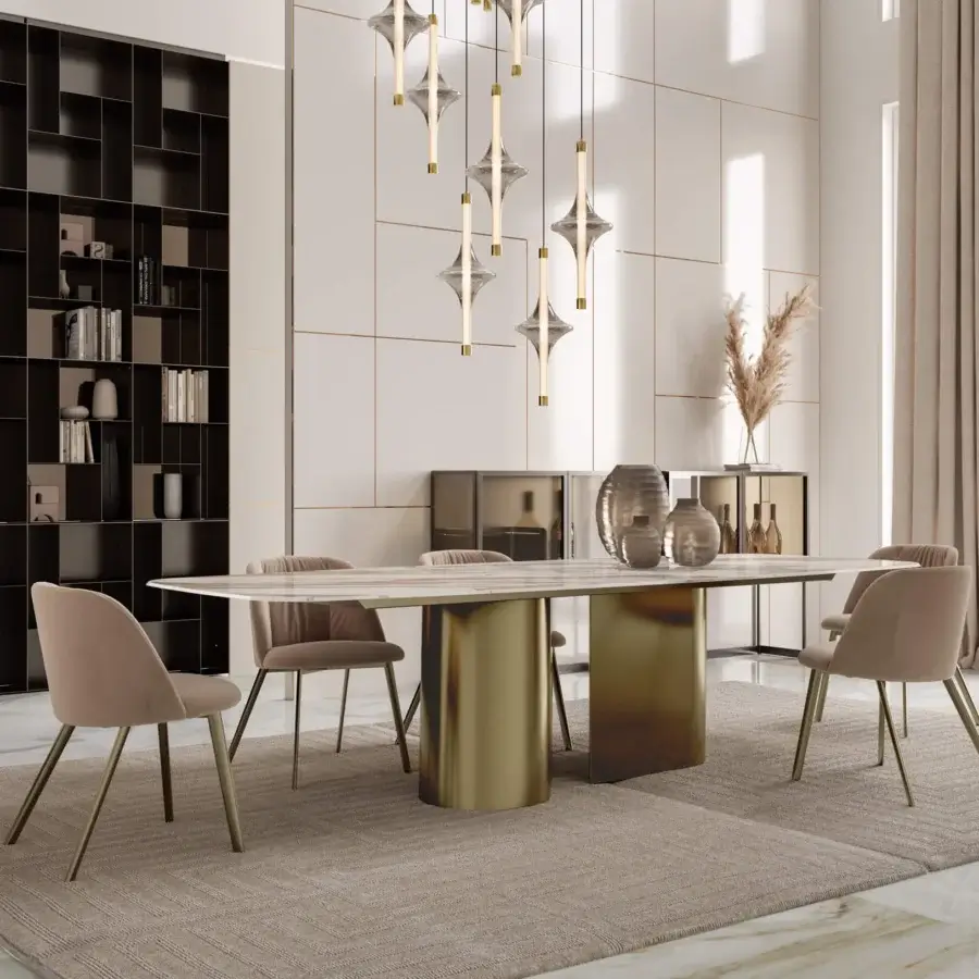 Distinguished Bontempi Kimono Barrel table with a marble-patterned glossy top and intersecting brushed golden cylindrical legs