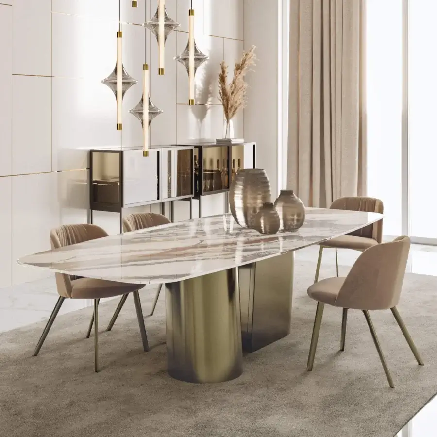 Exceptional Bontempi Kimono Barrel table with a marble-patterned glossy racetrack top and intersecting brass-like cylinders