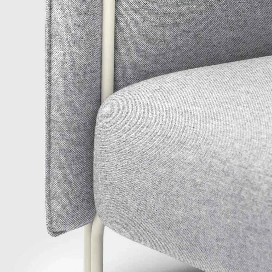 Superior LaCividina Pinch lounge chair with slender off-white metal framing and light gray woven fabric upholstery