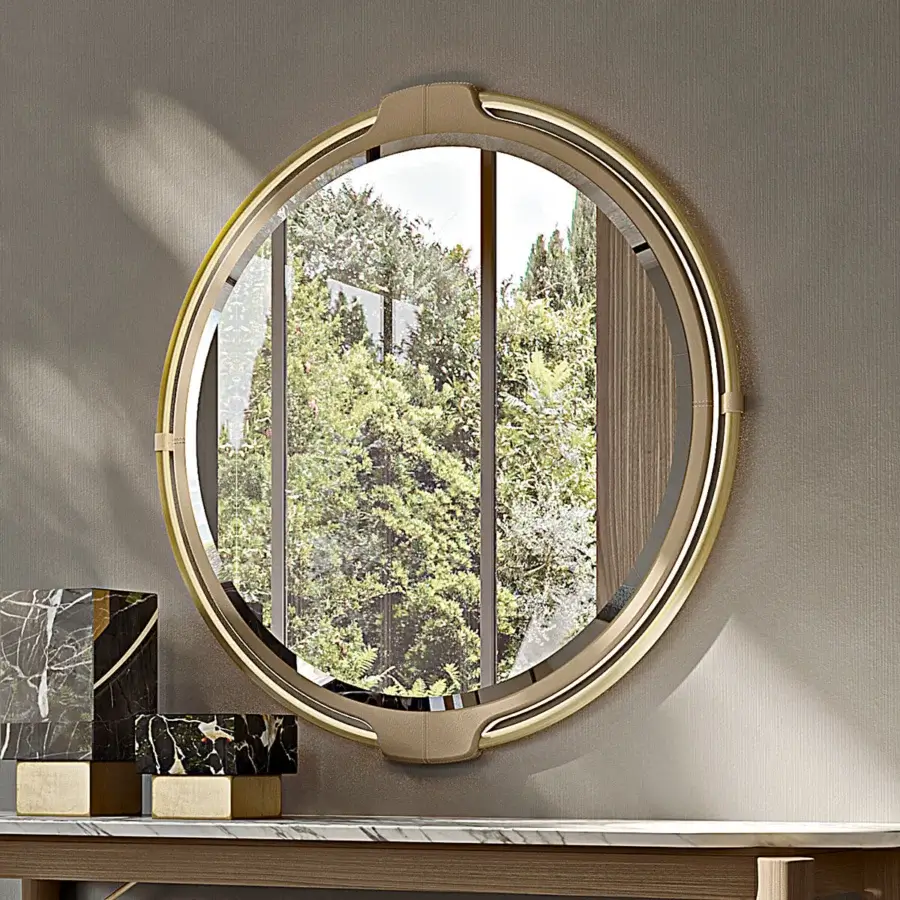 Lavish Turri Vine Round mirror with beige leather and brushed gold metal, built with integrated LED lighting