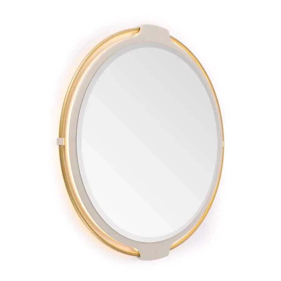 Distinguished Turri Vine Round mirror with brushed gold metal embracing light-colored leather and internal LED lighting