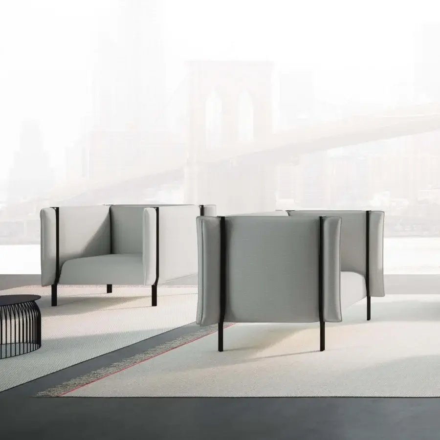 Captivating LaCividina Pinch lounge chair with light gray matte textile upholstery and matte black metal framing