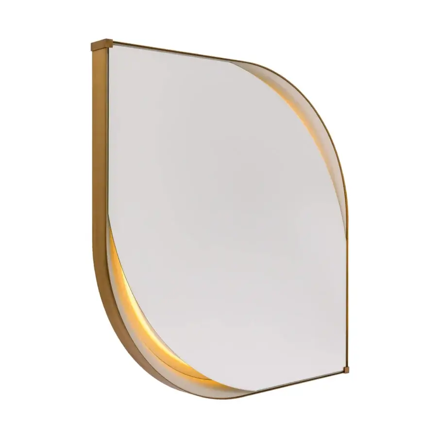 Exclusive Turri Vine Teardrop mirror in brushed gold metal with inset leather applications and hidden internal LED lighting