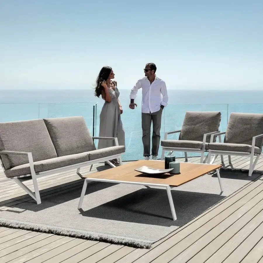Exceptional Talenti Cottage coffee table with smooth iroko top and refined white aluminum structure