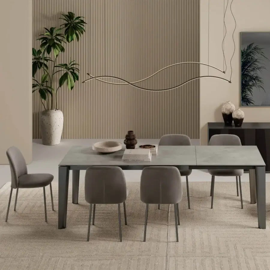 Elegant Bontempi Etro extendable table with smooth matte gray tabletop and dark gray matte square-profile legs