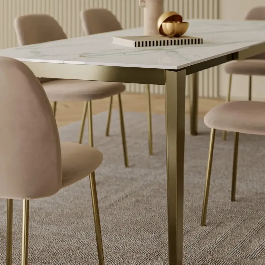 Exceptional Bontempi Etro extendable table crafted in Italy with white marble-like tabletop and gold-colored metal frame