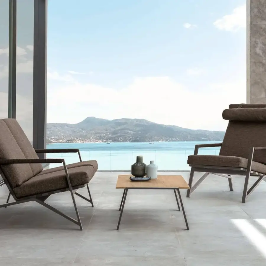 Exceptional Talenti Cottage coffee table with a light natural iroko wood top and dark metal aluminum structure