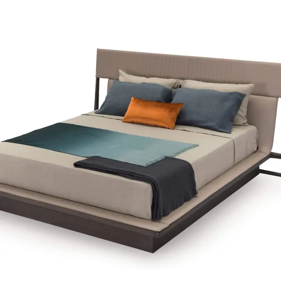 Exclusive Turri Vine bed with beige textile upholstery and visible stitching crafted in natural wood with dark finish