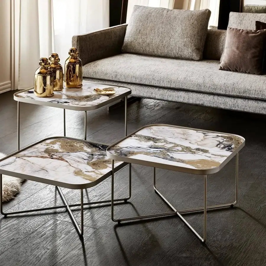 Distinguished Cattelan Italia Benny Keramik coffee table with white, grey and gold Marmi ceramic top and matte grey metal crossed legs