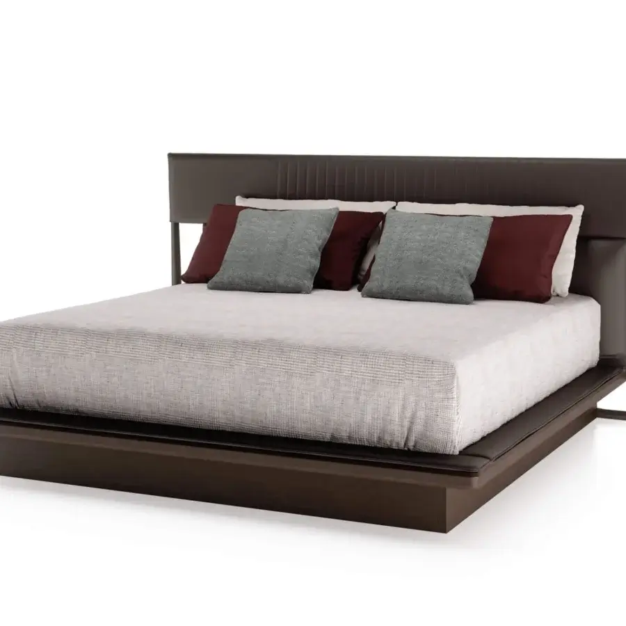 Distinguished Turri Vine bed crafted in Italy with a leather headboard and natural wood evoking a dark brown matte finish with burgundy and gray pillows