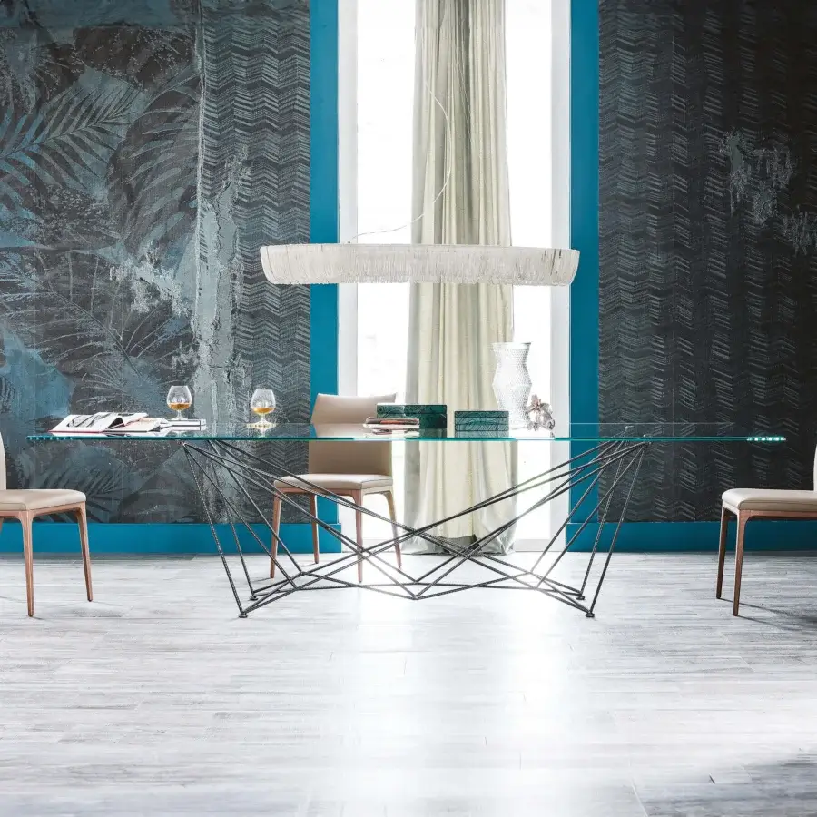 Distinguished Cattelan Italia Gordon table with transparent crystal top and dark metal geometric base crafted in Italy