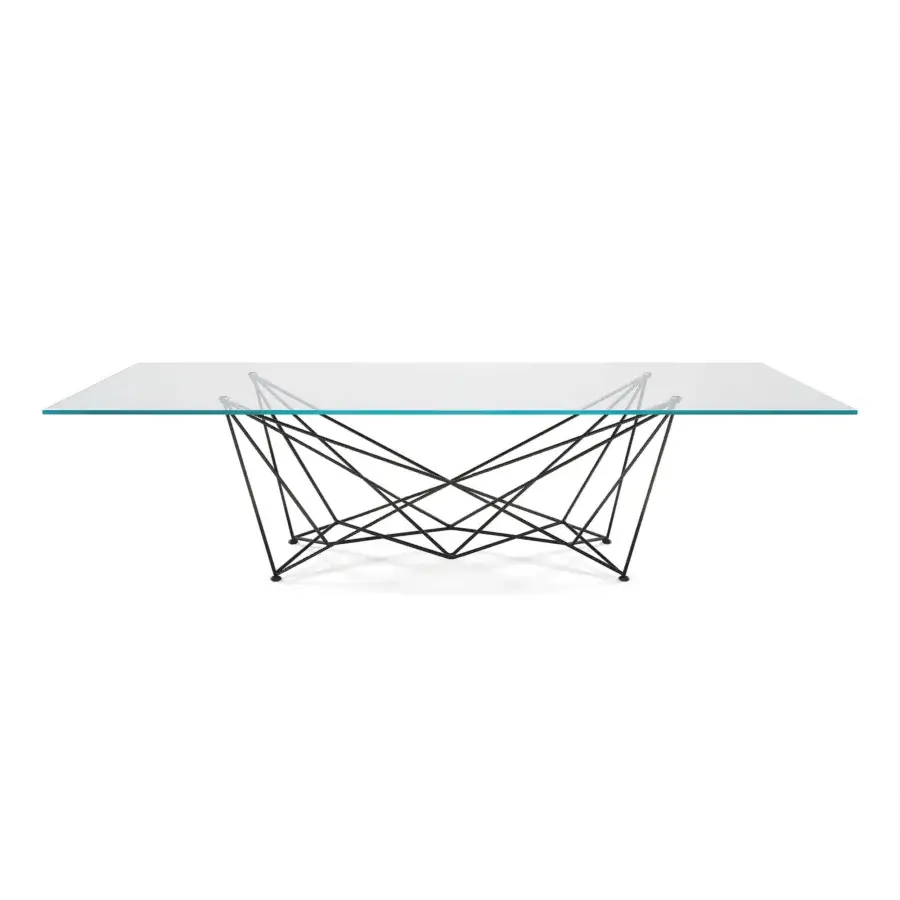 Elegant Cattelan Italia Gordon table with symmetrical matte black metal framework and clear crystal top