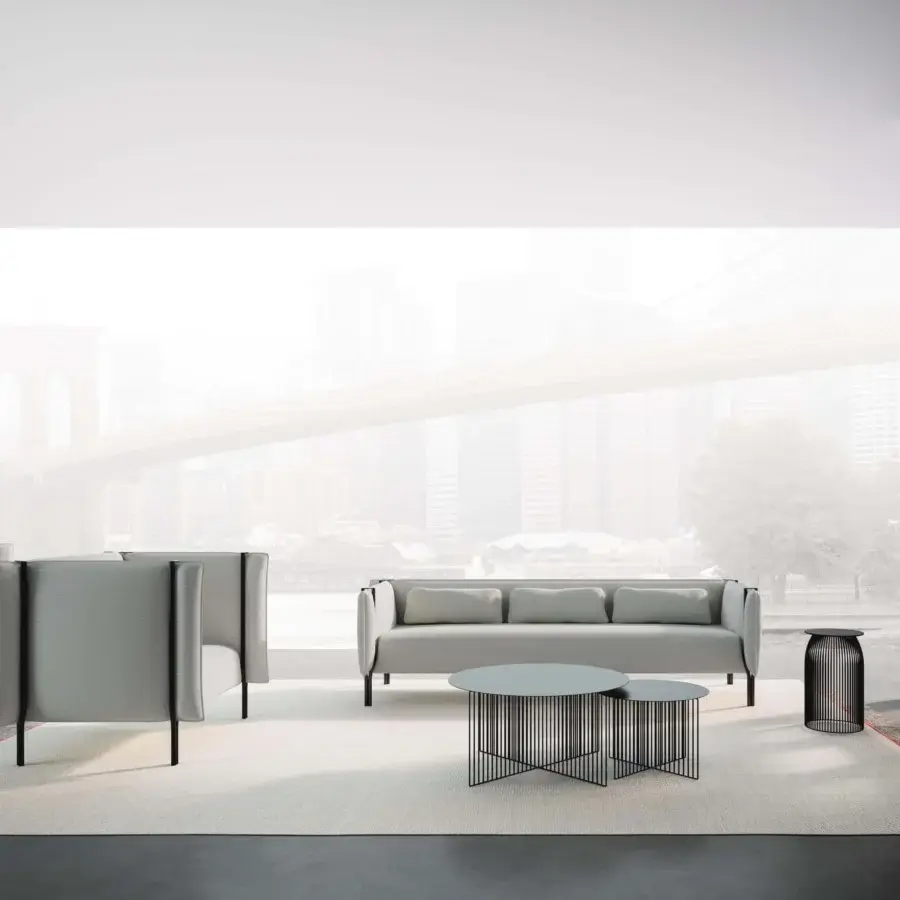 Exceptional LaCividina Pinch sofa with light gray textile upholstery and slender tubular metal frame with matte finish