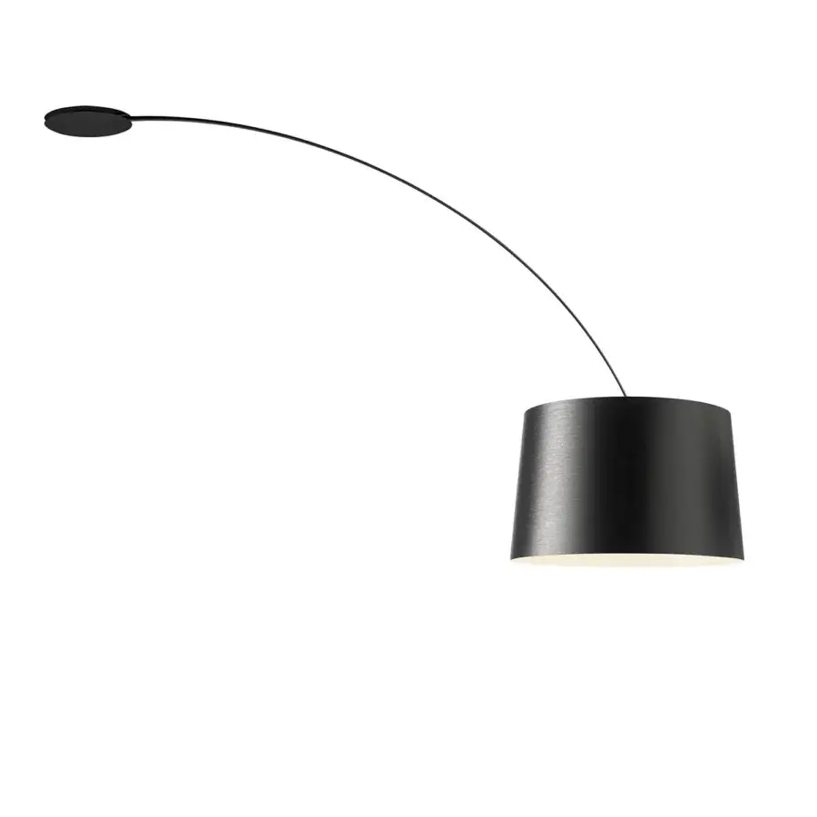 Foscarini Twiggy ceiling lamp, black metal, curved arm with cylindrical shade, minimalist design, studio shot, white background.