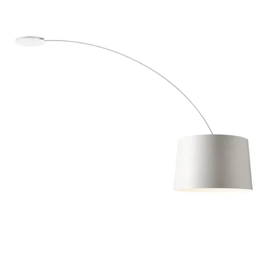 Foscarini Twiggy ceiling lamp, white finish, curved arm with cylindrical shade, minimalist design, studio product shot.