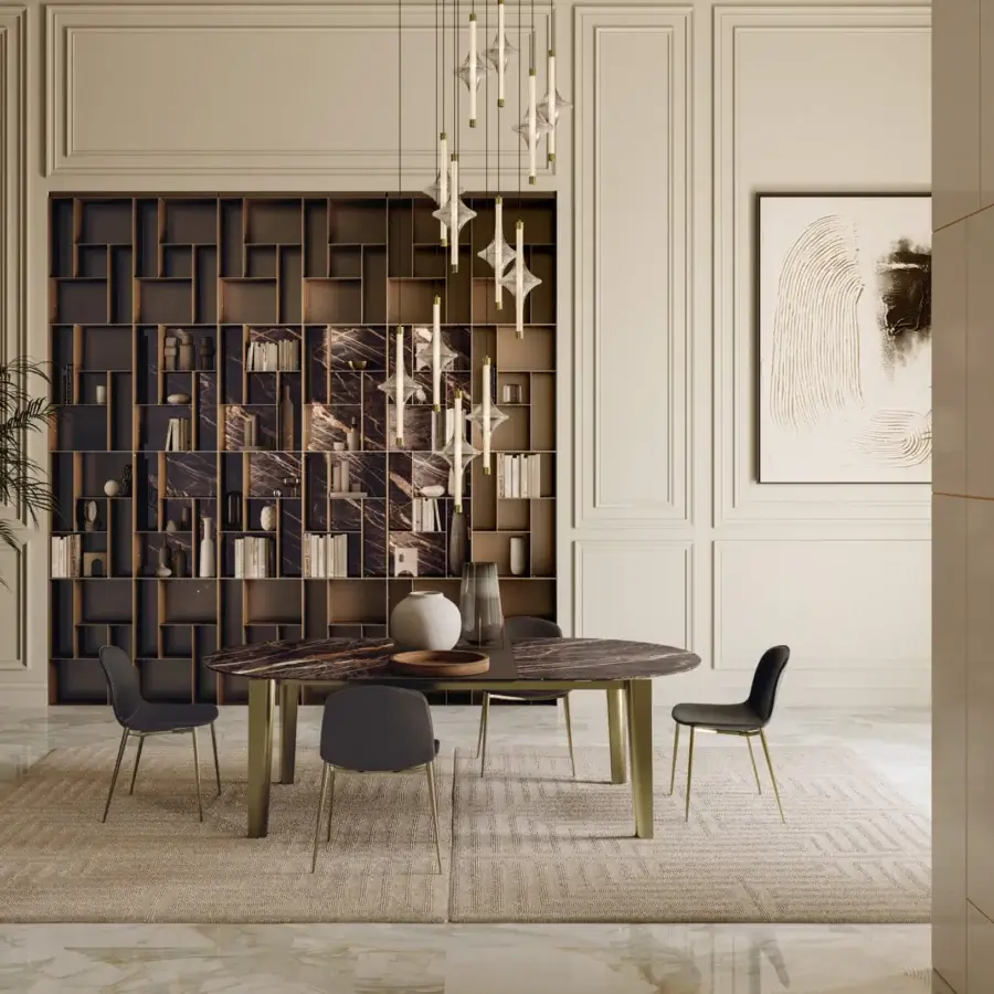 Superior Bontempi Etro table crafted with a marble-patterned tabletop in brown and gold with golden finished legs